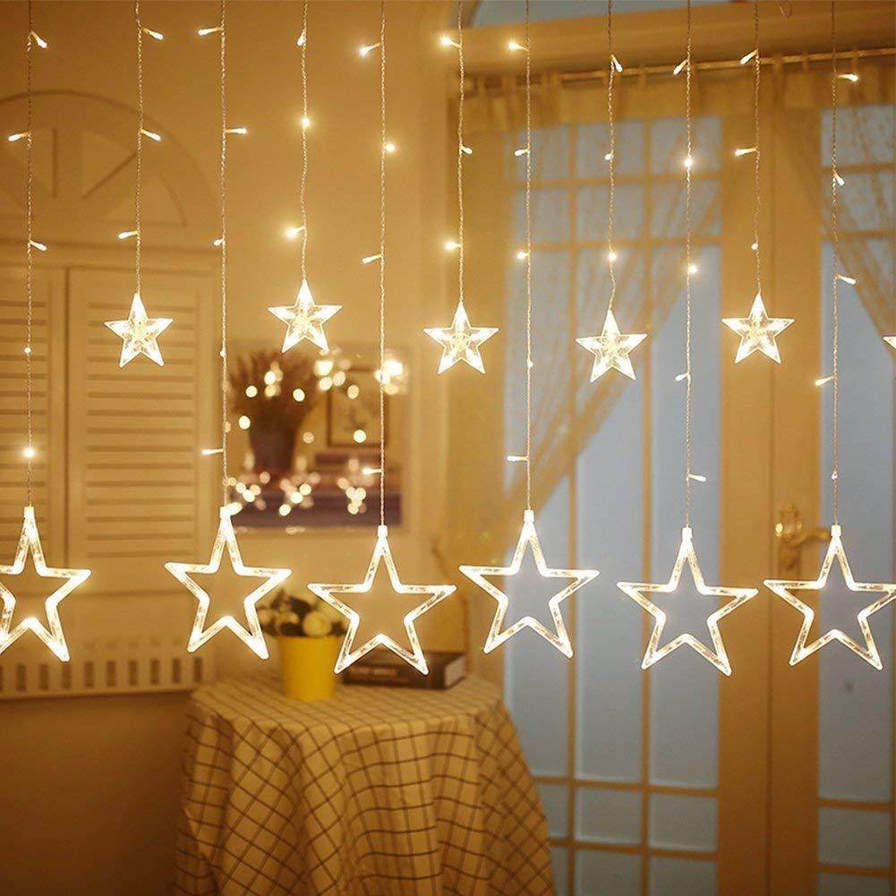 12 Star Curtain String Decorative Led Lights with 4 Meter (1 Curtain) 114 Led, (6+6 Star,Warm White,Corded electric,Plastic,Corner)