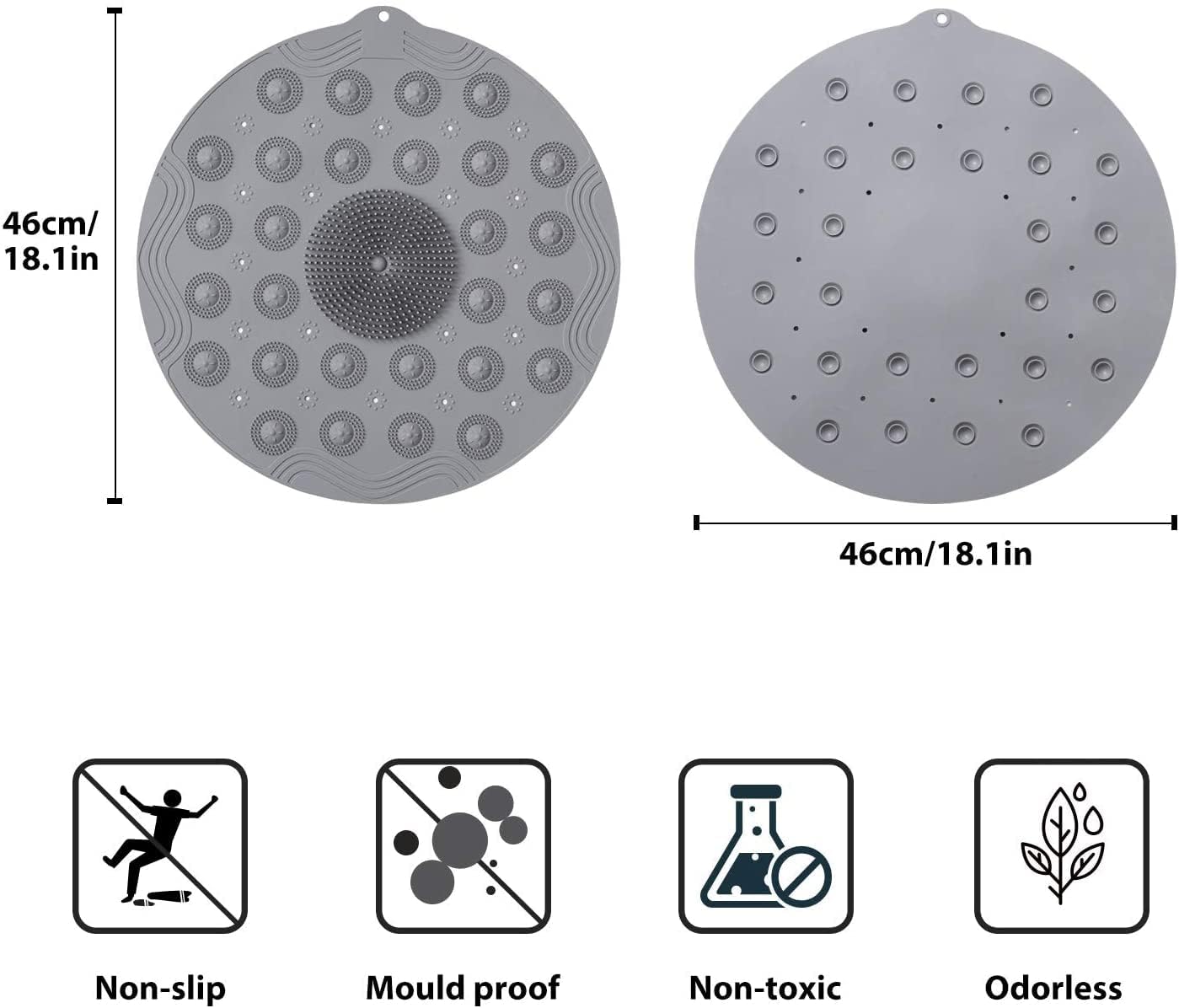 Anti-Skid Bathroom Shower Mat | Non-Slip Foot Pad with Suction Cups & Drain Holes | Soft Silicone Foot Massager Scrubber (Round)