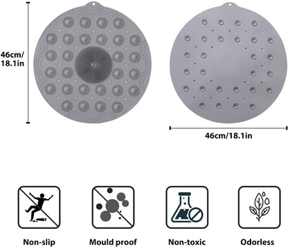 Anti-Skid Bathroom Shower Mat | Non-Slip Foot Pad with Suction Cups & Drain Holes | Soft Silicone Foot Massager Scrubber (Round)
