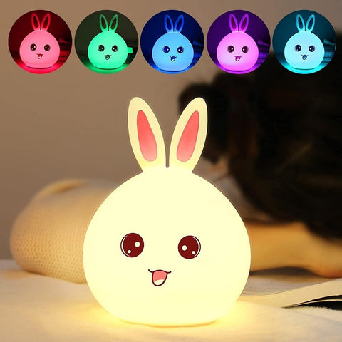 Cute Big Face Rabbit Silicone Beside Night Light For Kids, Color Changing Lamp Toddlers, Portable And Usb Rechargeable