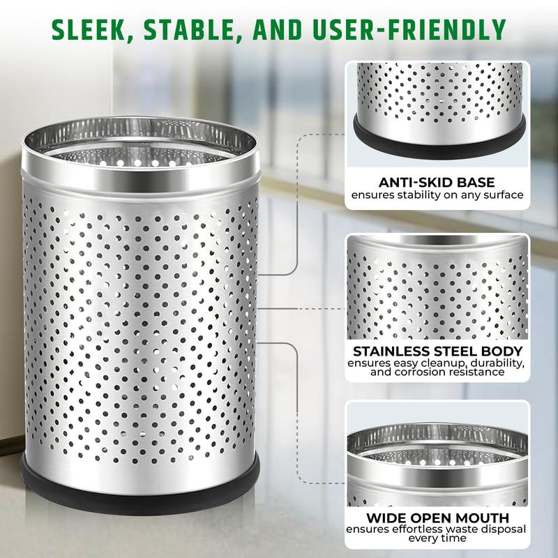 Stainless Steel 202 Perforated Design Open Top Dustbin - 25L | 10Inch (H) x 7 Inch (W)  Silver Trash Can with Anti-skid Base | For Bathroom, Bedroom, Kitchen & Toilet or Commercial Use