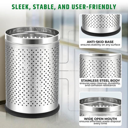 Stainless Steel 202 Perforated Design Open Top Dustbin - 25L | 10Inch (H) x 7 Inch (W)  Silver Trash Can with Anti-skid Base | For Bathroom, Bedroom, Kitchen & Toilet or Commercial Use