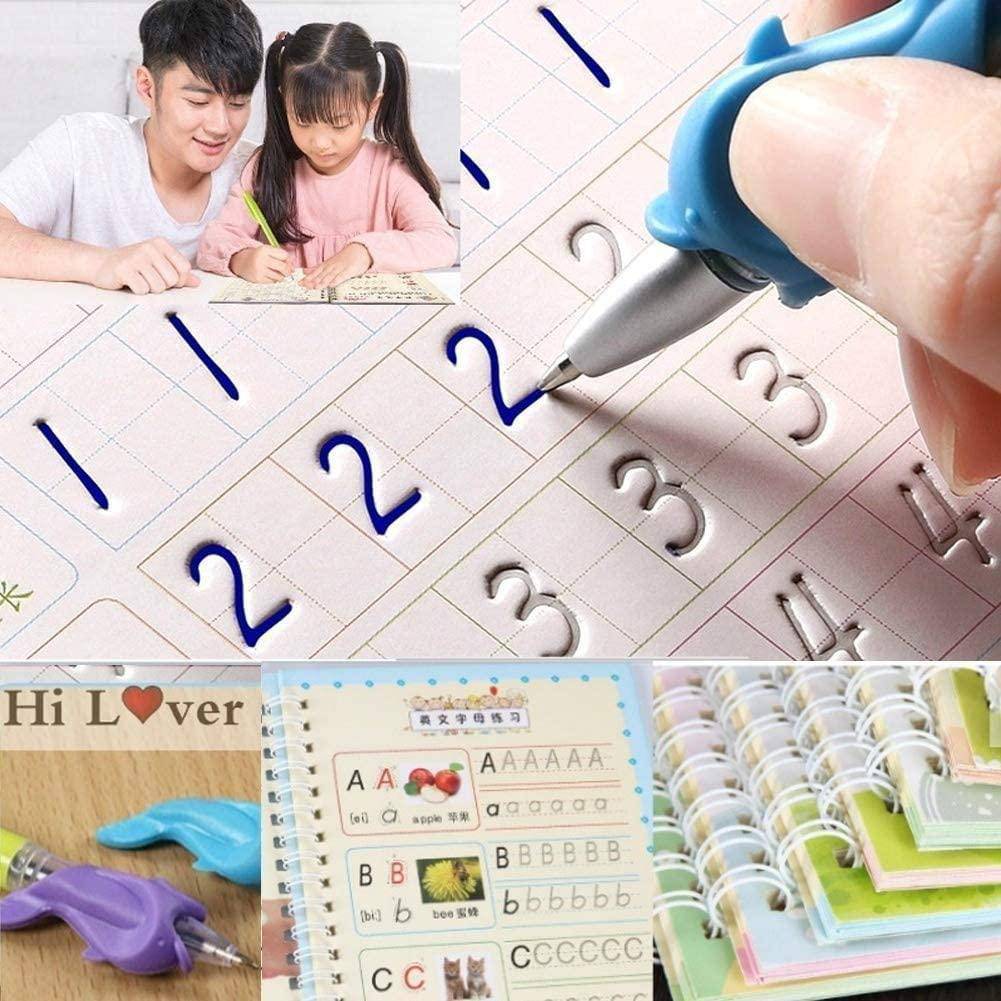 Sank Magic Practice Copybook (4 BOOKS+10 REFILL+1Pen+1Grip) Number Tracing Book for Preschoolers with Pen, Magic Calligraphy Copybook Set Practical Reusable Writing Tool Simple Hand Lettering