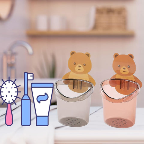 Plastic 2 Pack Toothbrush Holders for Bathroom, Self-Adhesive Waterproof Wall Mount, Teddy Bear Shaped with Cup Drain (Multicolor)