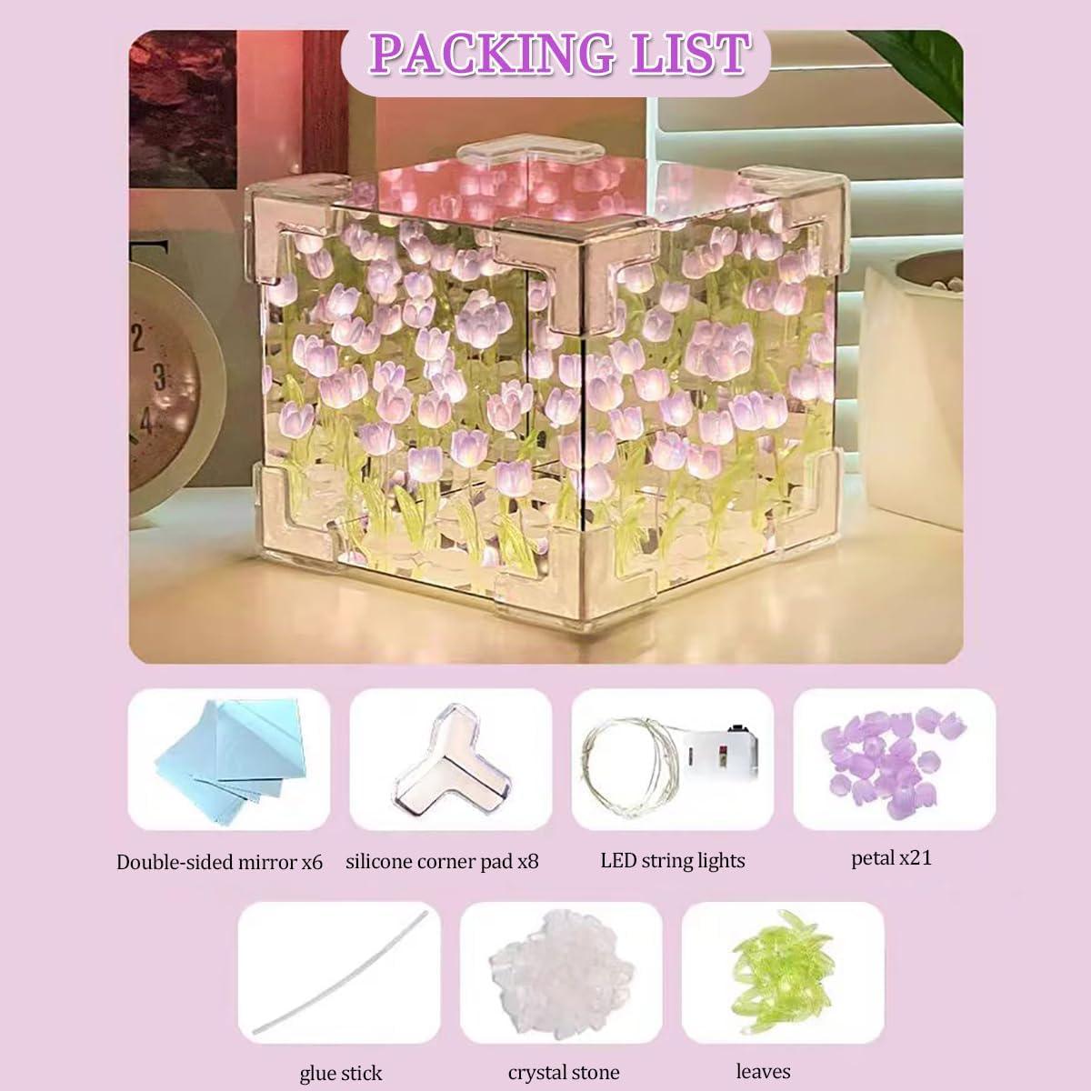 GARDINO Infinity Mirror Tulip Cube LED Lamp - 20 LED Flower Lights, Dual-Purpose Tabletop & Mirror Decor