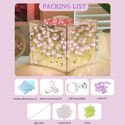 GARDINO Infinity Mirror Tulip Cube LED Lamp - 20 LED Flower Lights, Dual-Purpose Tabletop & Mirror Decor