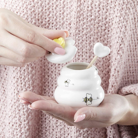 Gardino Sweet as Can Bee Ceramic Mini Honey Pot with Wooden Honey Dipper (3.4 oz) Honey Jar, Bee Decor, White/Yellow