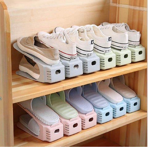 Plastic Shoe Slots Organizer Space Saver Double Deck Shoe Rack Adjustable Shoe Slots for Closet Organization (Pack of 2) (Multicolor)