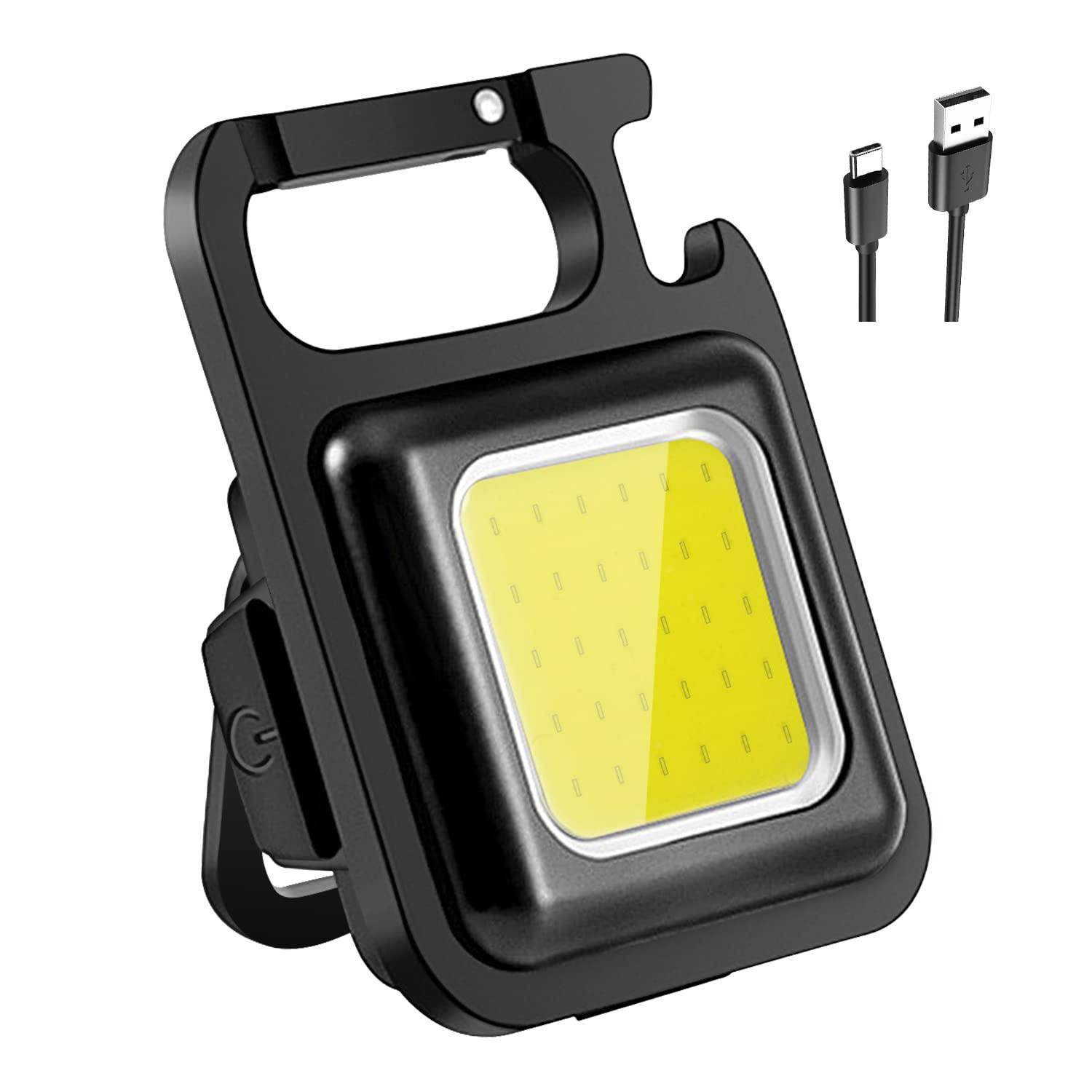 LED COB Key Chain Flashlights | Small Water Resistant, USB Rechargeable, Portable Mini Light with Folding Bracket | for Walking, Camping & Car Repairing Square