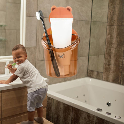 Plastic 2 Pack Toothbrush Holders for Bathroom, Self-Adhesive Waterproof Wall Mount, Teddy Bear Shaped with Cup Drain (Multicolor)