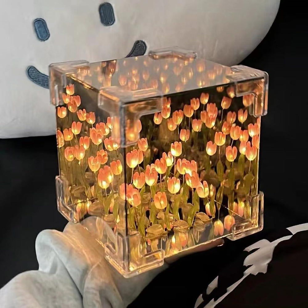 GARDINO Infinity Mirror Tulip Cube LED Lamp - 20 LED Flower Lights, Dual-Purpose Tabletop & Mirror Decor