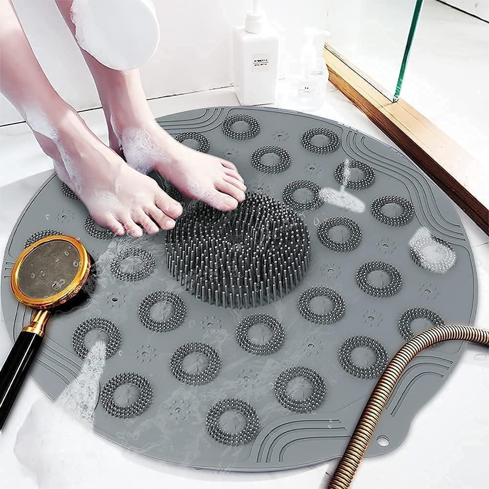 Anti-Skid Bathroom Shower Mat | Non-Slip Foot Pad with Suction Cups & Drain Holes | Soft Silicone Foot Massager Scrubber (Round)