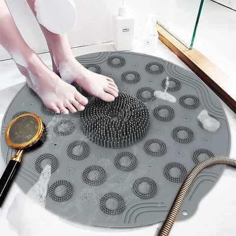Anti-Skid Bathroom Shower Mat | Non-Slip Foot Pad with Suction Cups & Drain Holes | Soft Silicone Foot Massager Scrubber (Round)