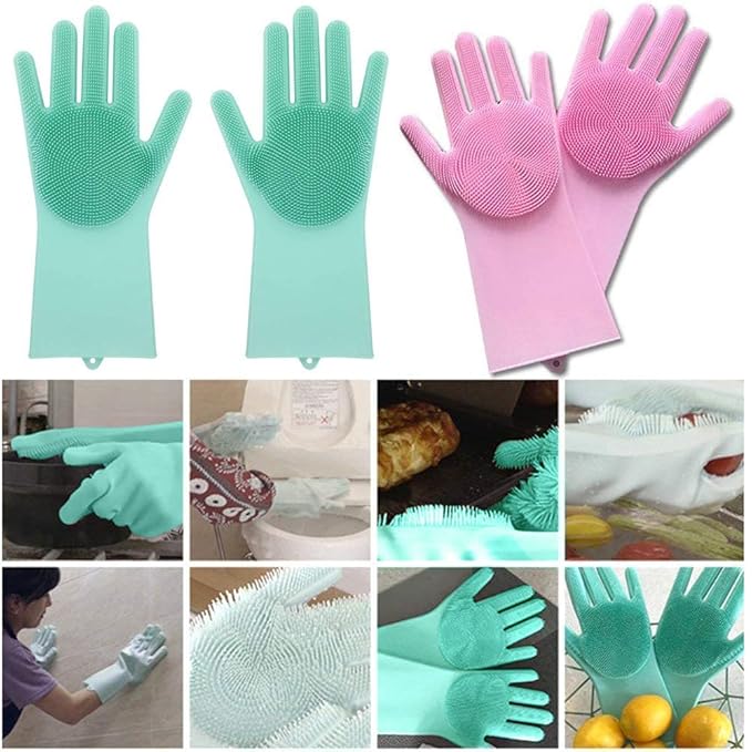Reusable Silicone Dishwashing Cleaning Gloves | Anti-Slip Scrubber Gloves for Kitchen Cleaning