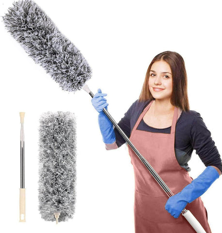 Microfiber Feather Duster Extendable Fan Cleaning Duster with 100 inches Expandable Pole Handle Washable Duster for High Ceiling Fans, Window Blinds, Furniture (Grey)