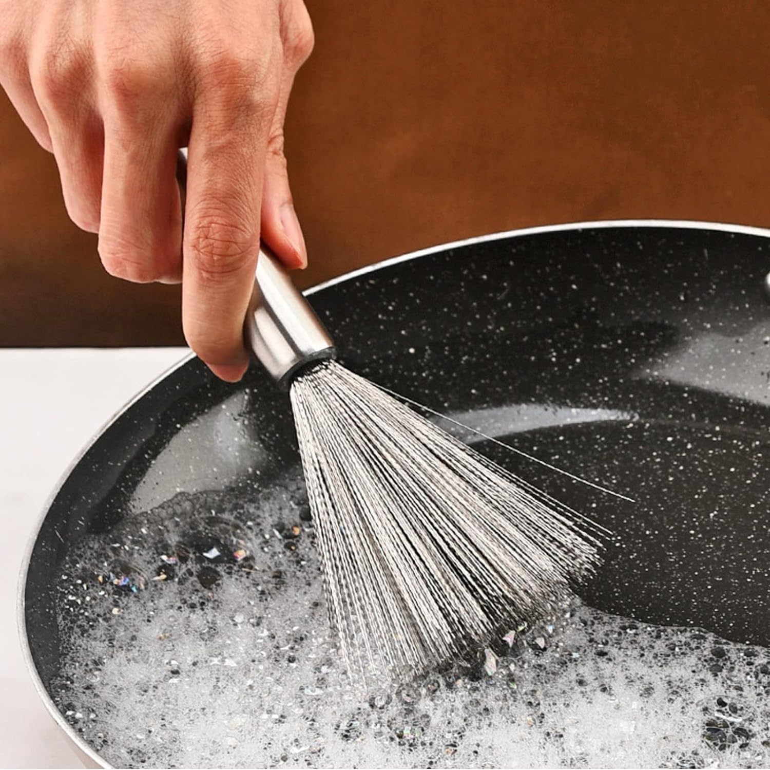 Steel Scrubber Brush with Handle for Kitchen, Pan, Pot, Wok, and Dishes Cleaning