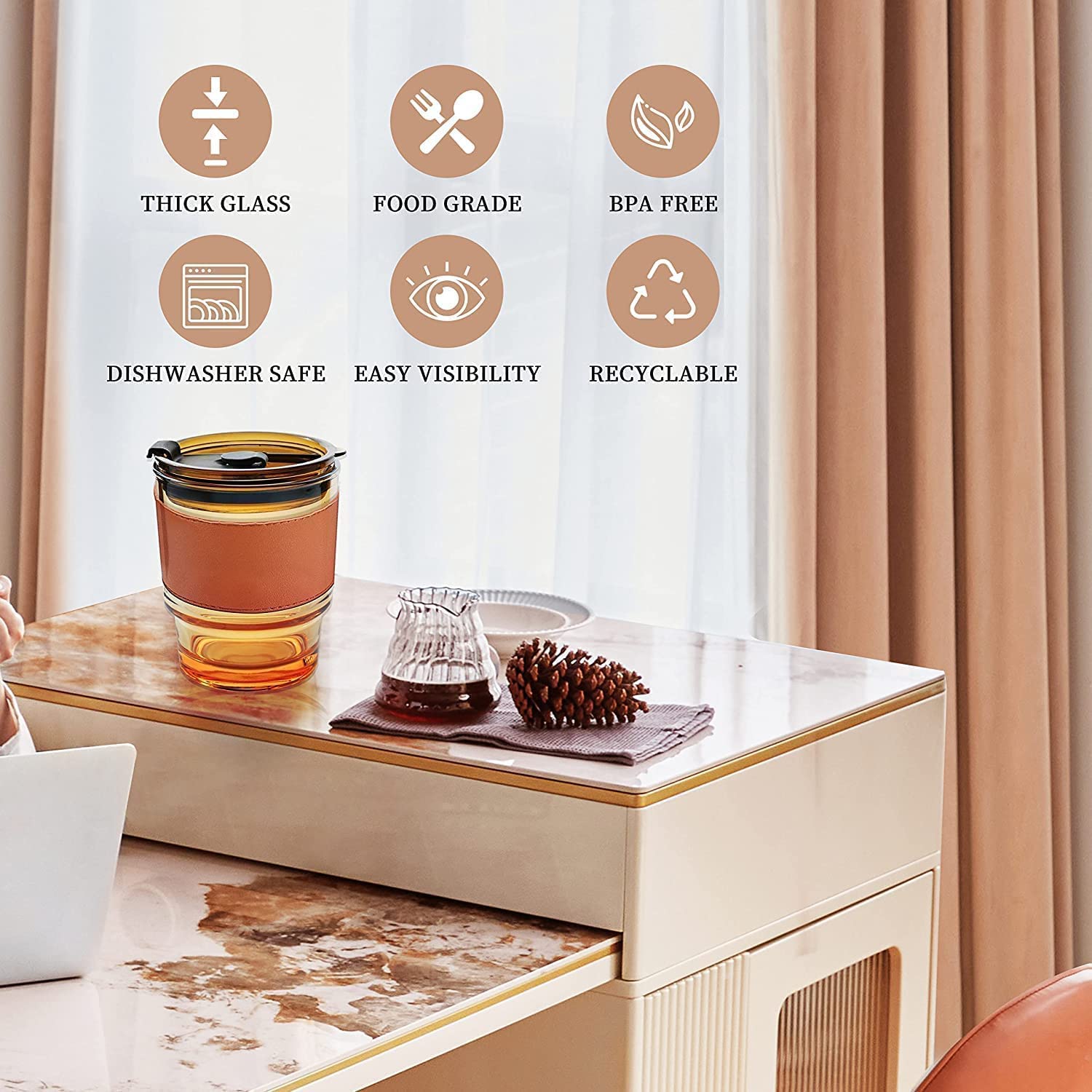 Glass Mug with Straw and Cover, 400 ml Capacity | Leakproof Glass Coffee Mug with Silicone Straw and Lid Tumbler