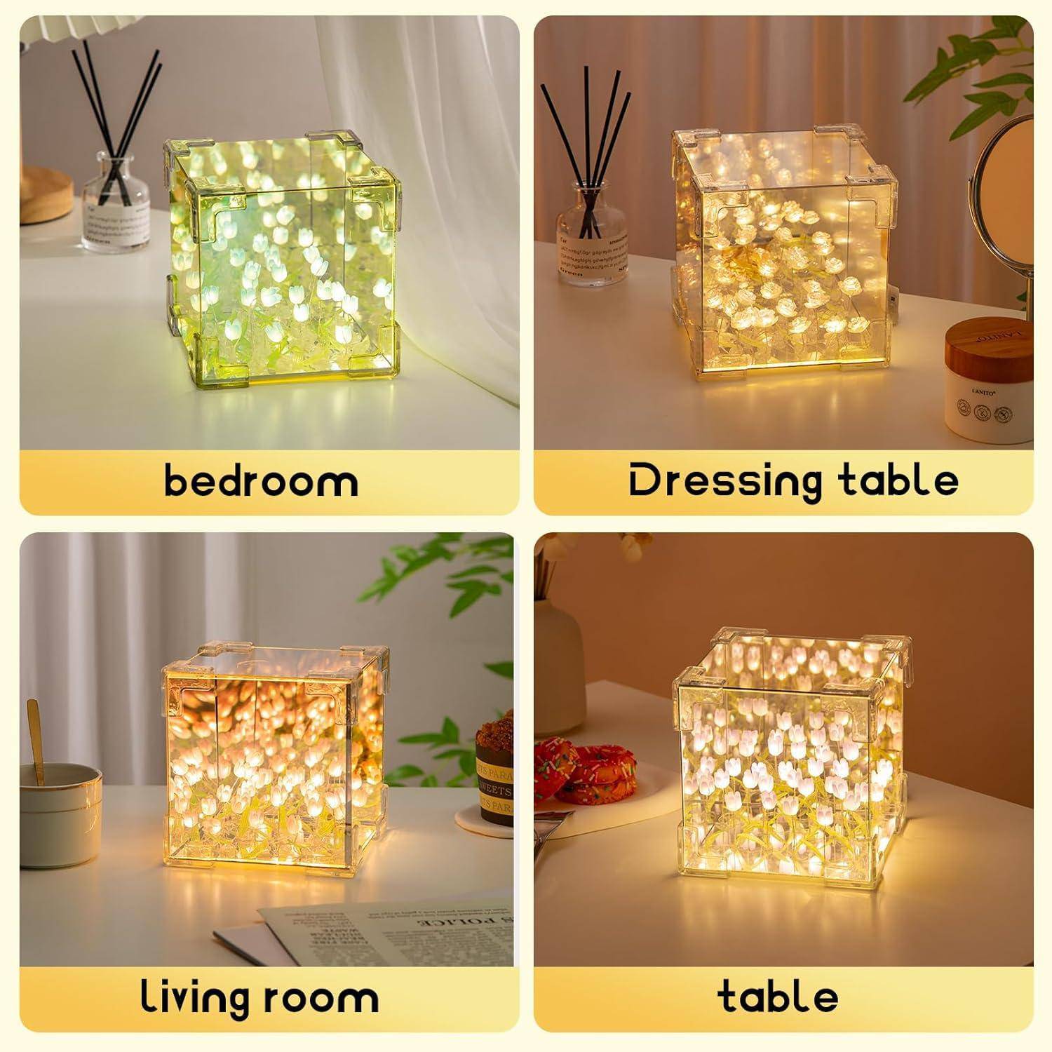 GARDINO Infinity Mirror Tulip Cube LED Lamp - 20 LED Flower Lights, Dual-Purpose Tabletop & Mirror Decor