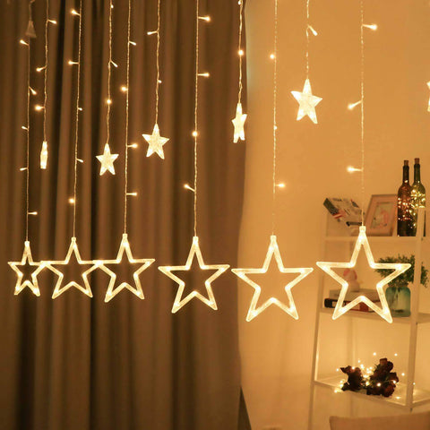 12 Star Curtain String Decorative Led Lights with 4 Meter (1 Curtain) 114 Led, (6+6 Star,Warm White,Corded electric,Plastic,Corner)