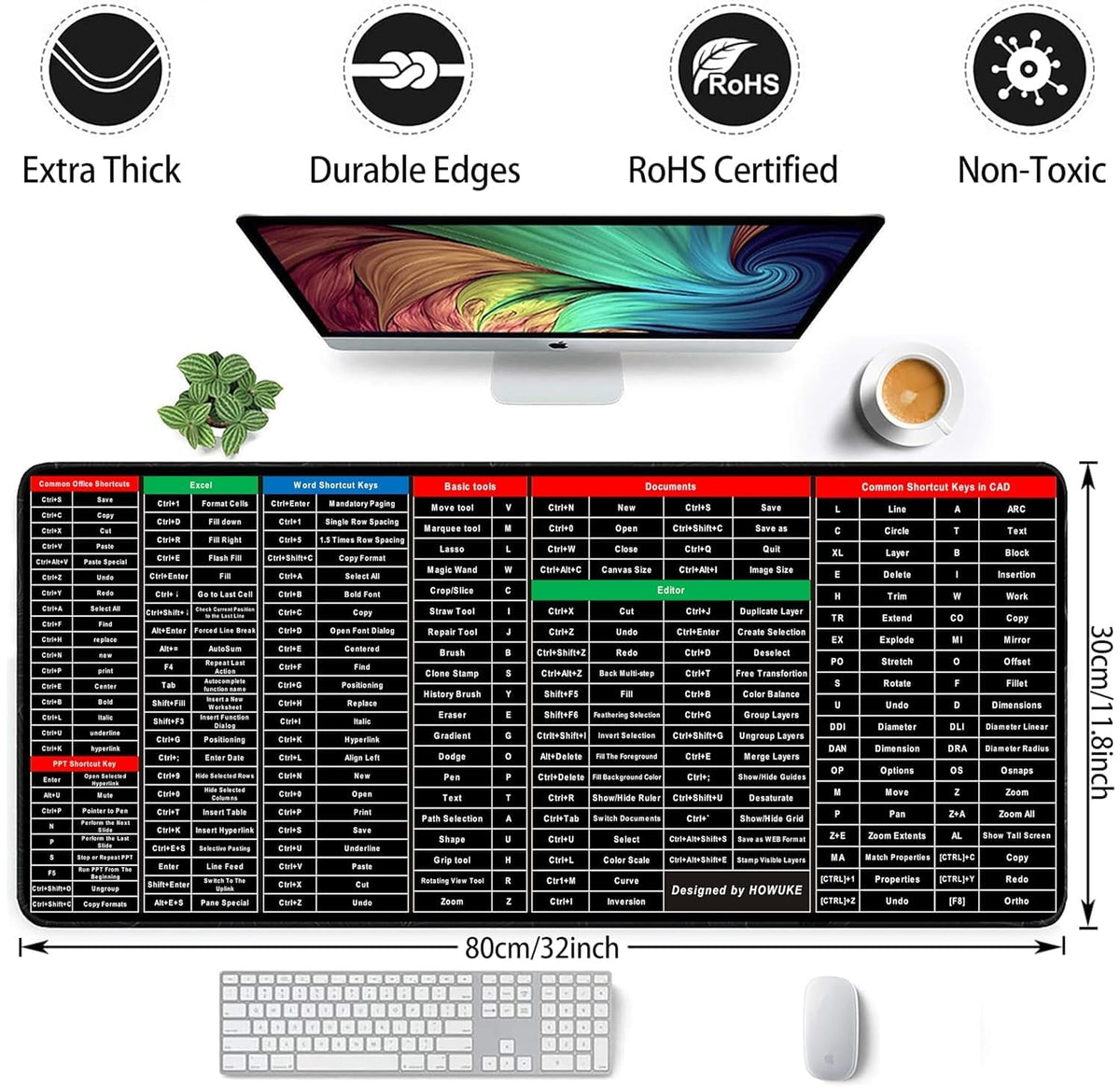 Anti-Slip Keyboard Pad | Office & Excel Shortcuts Cheat Sheet Mouse Pad | Large Extended Desk Mat with Smooth Cloth Surface & Rubber Base for Gaming, Office, and Work