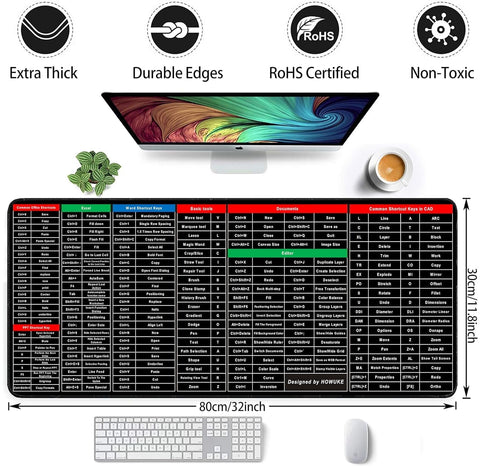 Anti-Slip Keyboard Pad | Office & Excel Shortcuts Cheat Sheet Mouse Pad | Large Extended Desk Mat with Smooth Cloth Surface & Rubber Base for Gaming, Office, and Work