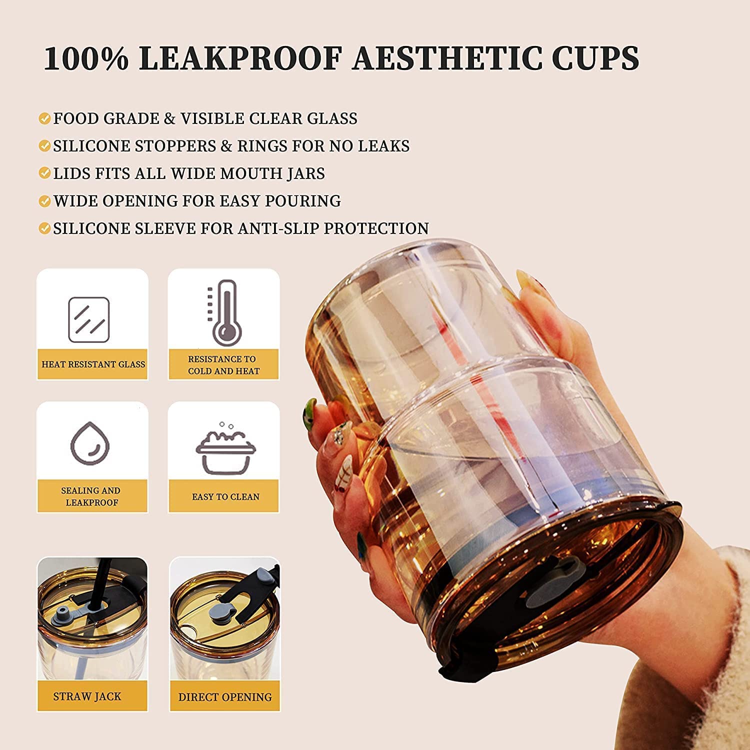 Glass Mug with Straw and Cover, 400 ml Capacity | Leakproof Glass Coffee Mug with Silicone Straw and Lid Tumbler