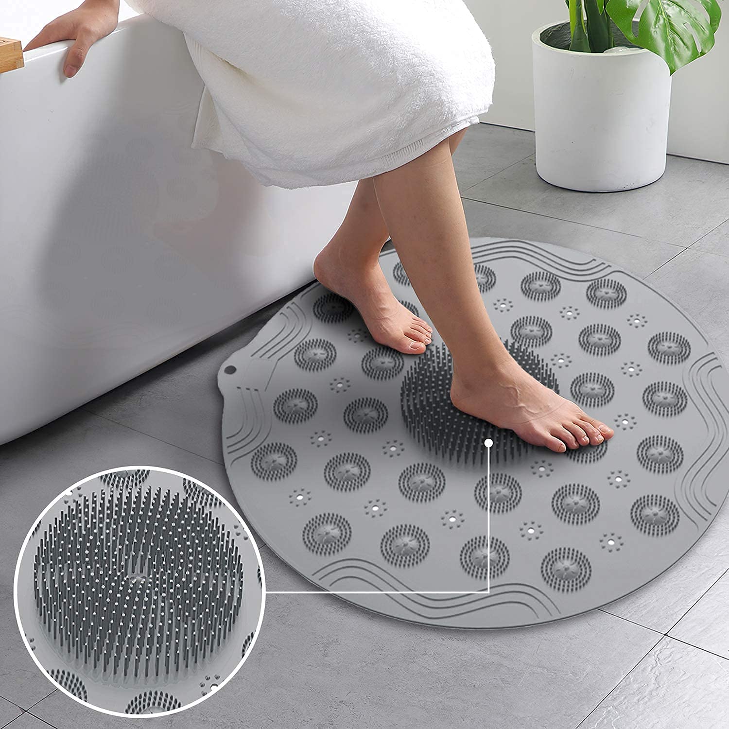 Anti-Skid Bathroom Shower Mat | Non-Slip Foot Pad with Suction Cups & Drain Holes | Soft Silicone Foot Massager Scrubber (Round)