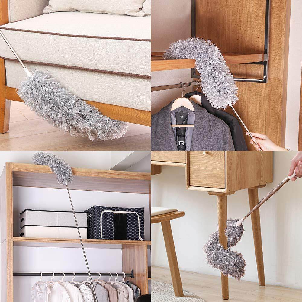 Microfiber Feather Duster Extendable Fan Cleaning Duster with 100 inches Expandable Pole Handle Washable Duster for High Ceiling Fans, Window Blinds, Furniture (Grey)