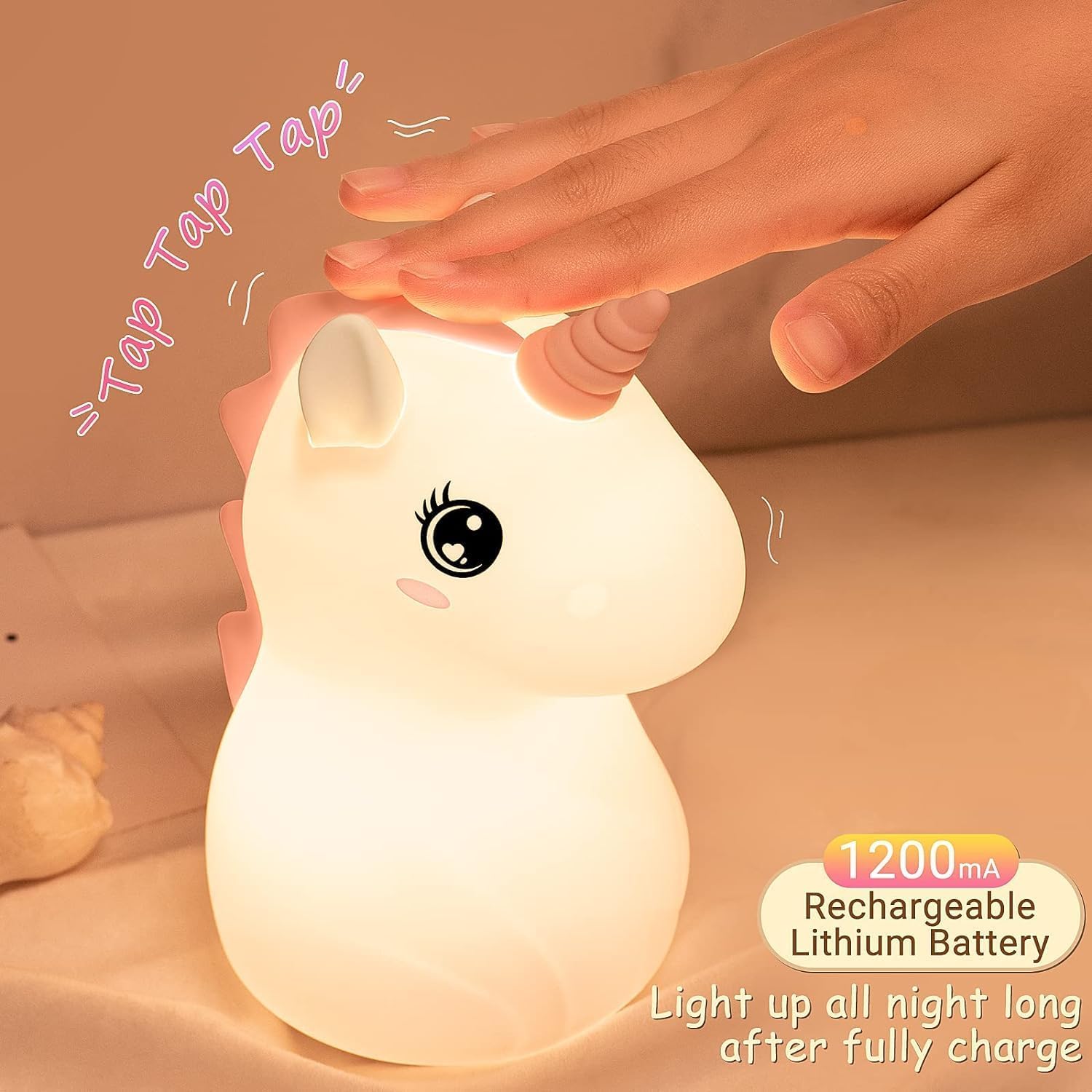 Silicone Unicone Night Light Rechargeable Led Lamp with 7-Color Breathing Modes, Touch Sensor Control