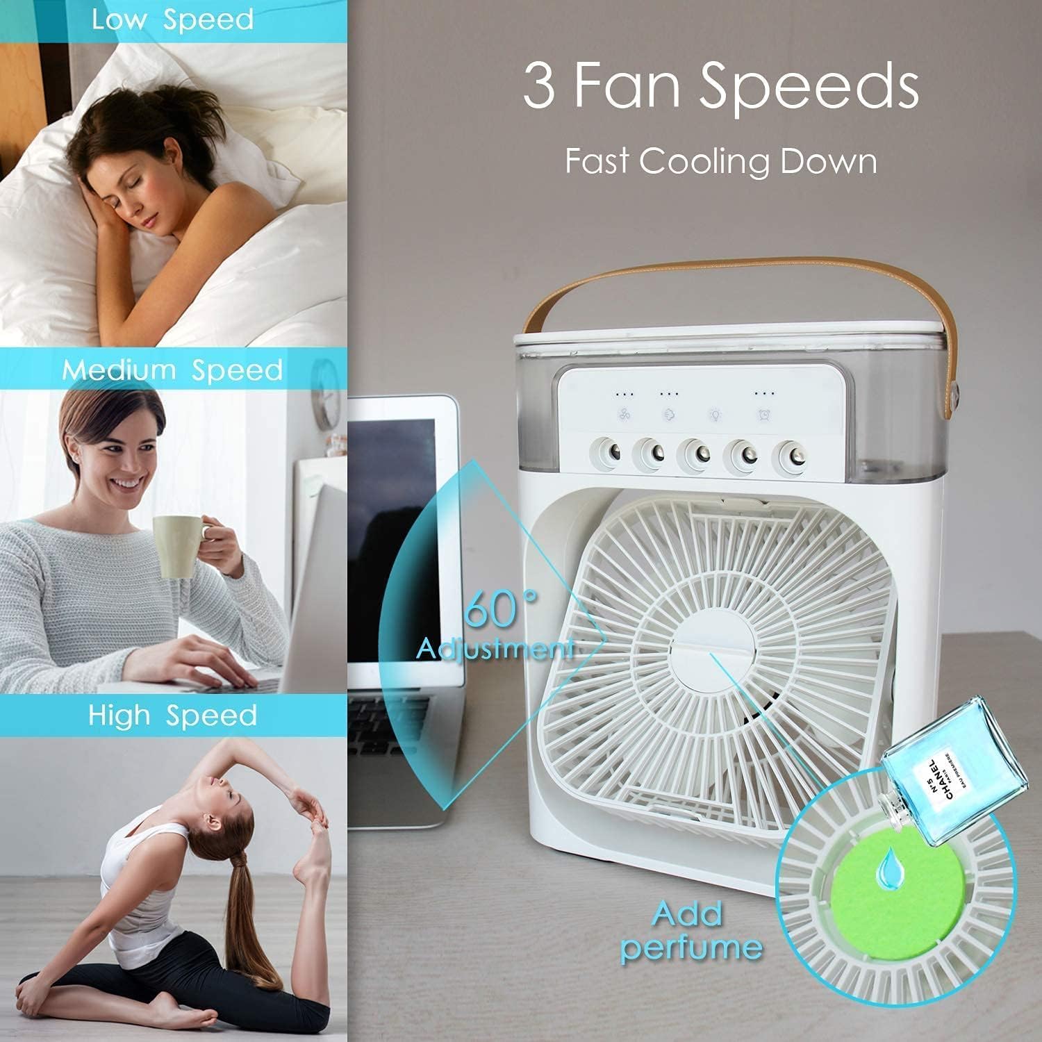 Portable Mini Air Conditioner – Quiet & USB Powered Personal Cooler with 3 Smart Speeds, 360° Adjustable Airflow & Timer for Home, Office & More