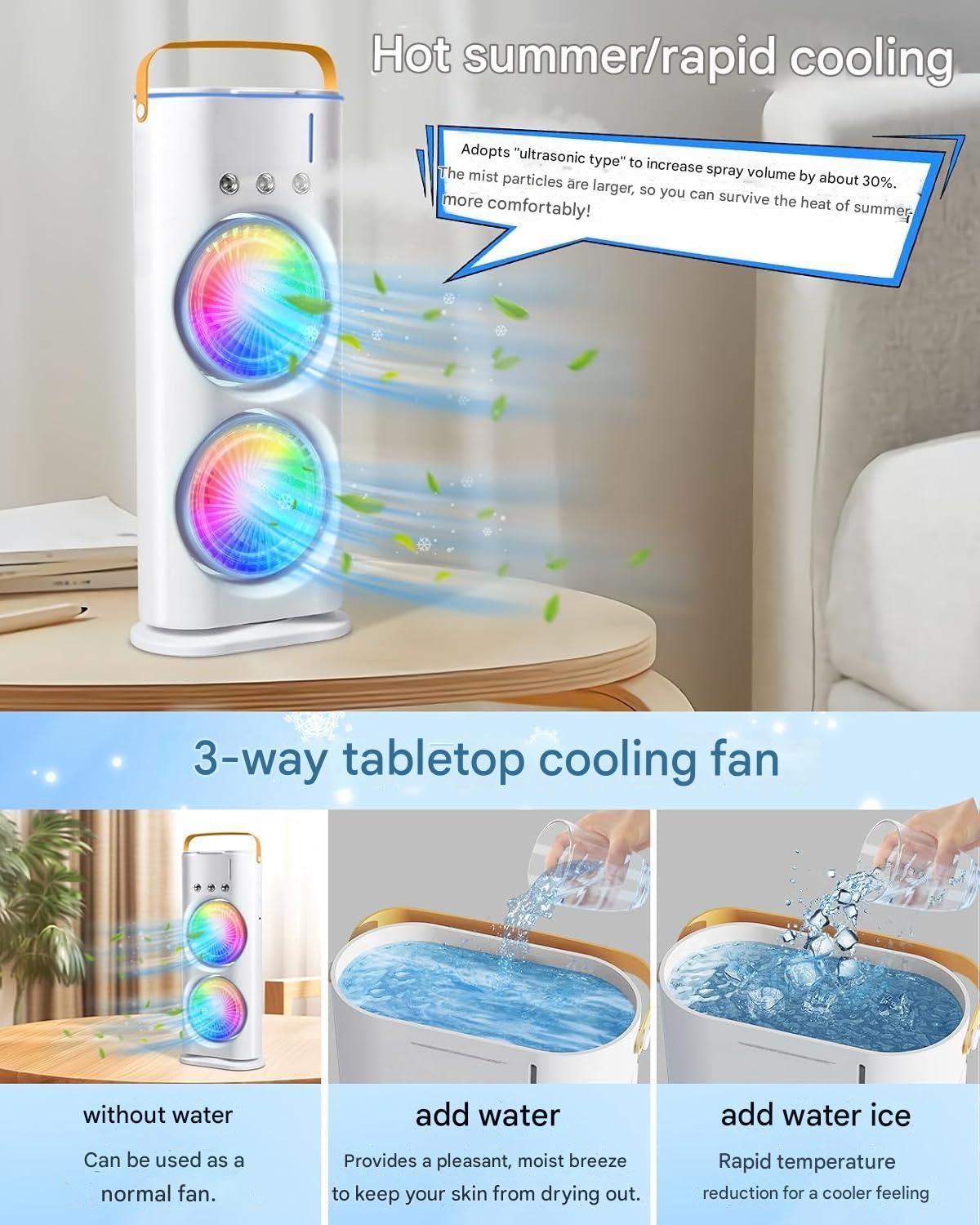 Double-Ended Spray cooler – USB Rechargeable, 3-Speed Oscillating Fan with Remote, LED Light & Ice Cooling 4000mAh
