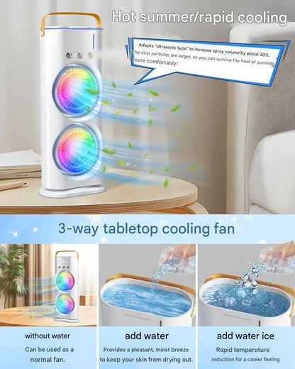 Double-Ended Spray cooler – USB Rechargeable, 3-Speed Oscillating Fan with Remote, LED Light & Ice Cooling 4000mAh