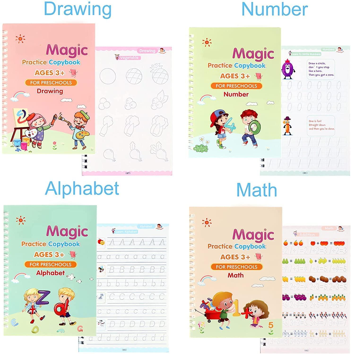 Sank Magic Practice Copybook (4 BOOKS+10 REFILL+1Pen+1Grip) Number Tracing Book for Preschoolers with Pen, Magic Calligraphy Copybook Set Practical Reusable Writing Tool Simple Hand Lettering