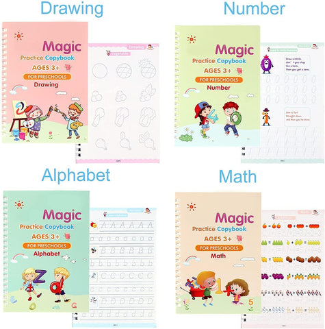 Sank Magic Practice Copybook (4 BOOKS+10 REFILL+1Pen+1Grip) Number Tracing Book for Preschoolers with Pen, Magic Calligraphy Copybook Set Practical Reusable Writing Tool Simple Hand Lettering