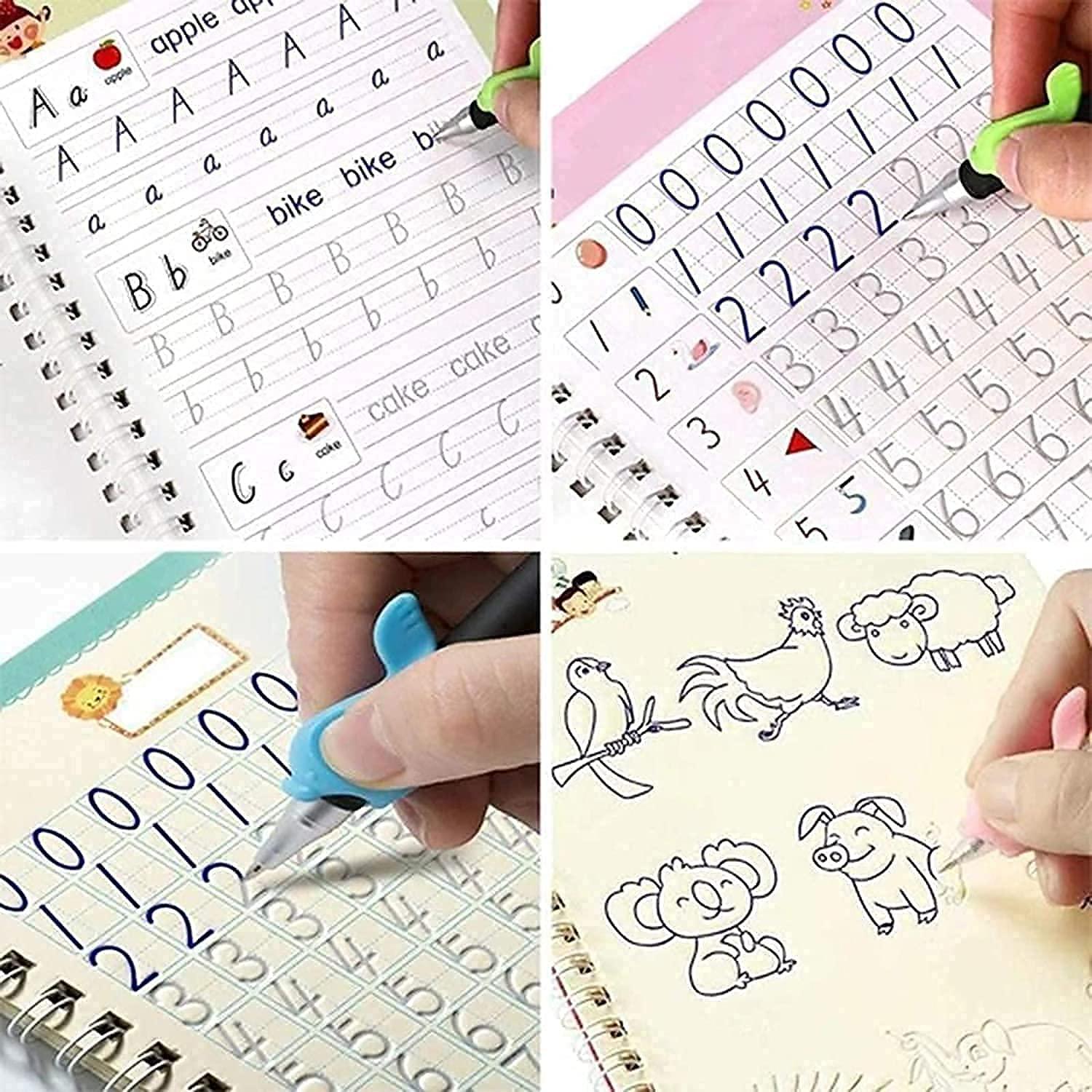Sank Magic Practice Copybook (4 BOOKS+10 REFILL+1Pen+1Grip) Number Tracing Book for Preschoolers with Pen, Magic Calligraphy Copybook Set Practical Reusable Writing Tool Simple Hand Lettering