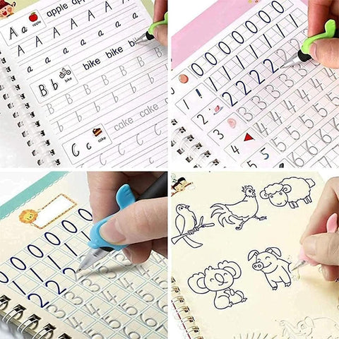 Sank Magic Practice Copybook (4 BOOKS+10 REFILL+1Pen+1Grip) Number Tracing Book for Preschoolers with Pen, Magic Calligraphy Copybook Set Practical Reusable Writing Tool Simple Hand Lettering
