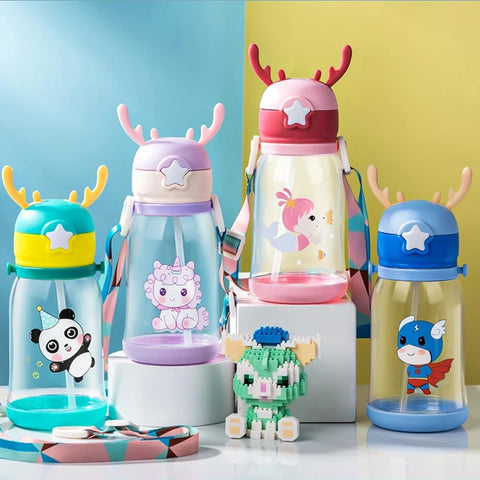 Multi-Cartoon Design Water Bottle with Straw & Strap | BPA-Free, Non-Toxic, Anti-Leak Bottle for Kids | Perfect for School & Home