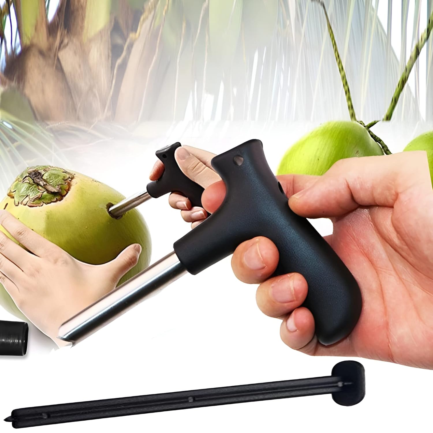 Coconut Opener - Stainless Steel Coconut Drill Cutter | Easy Coconut Cracking Tool for Fresh Coconut Water with Cleaning Stick (1PC)
