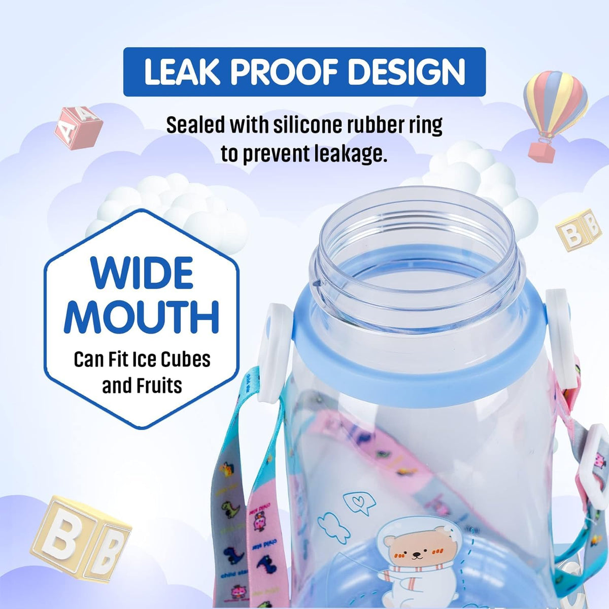Multi-Cartoon Design Water Bottle with Straw & Strap | BPA-Free, Non-Toxic, Anti-Leak Bottle for Kids | Perfect for School & Home
