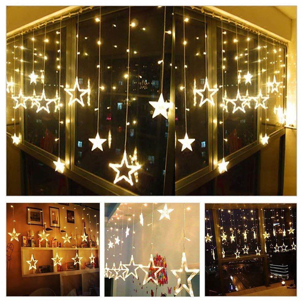 12 Star Curtain String Decorative Led Lights with 4 Meter (1 Curtain) 114 Led, (6+6 Star,Warm White,Corded electric,Plastic,Corner)