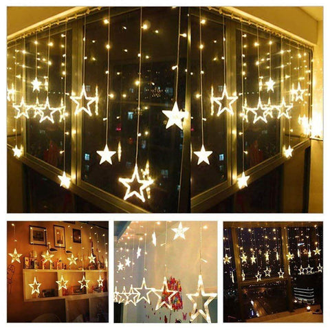 12 Star Curtain String Decorative Led Lights with 4 Meter (1 Curtain) 114 Led, (6+6 Star,Warm White,Corded electric,Plastic,Corner)