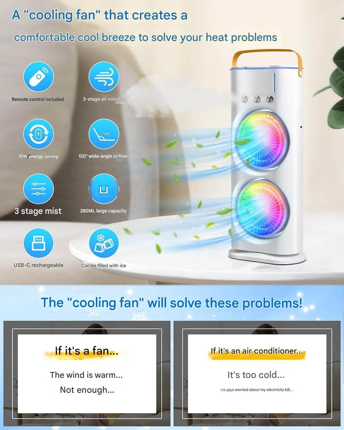 Double-Ended Spray cooler – USB Rechargeable, 3-Speed Oscillating Fan with Remote, LED Light & Ice Cooling 4000mAh