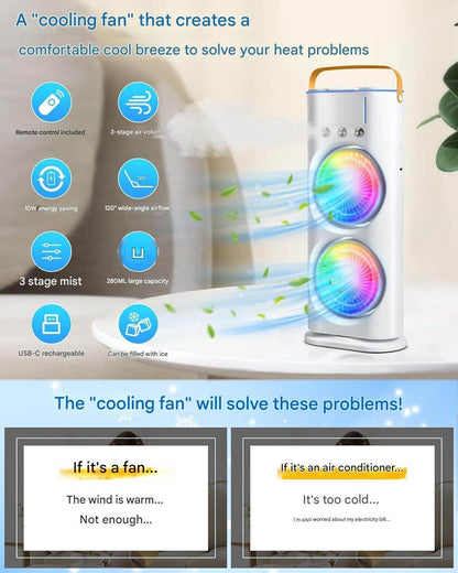 Double-Ended Spray cooler – USB Rechargeable, 3-Speed Oscillating Fan with Remote, LED Light & Ice Cooling 4000mAh