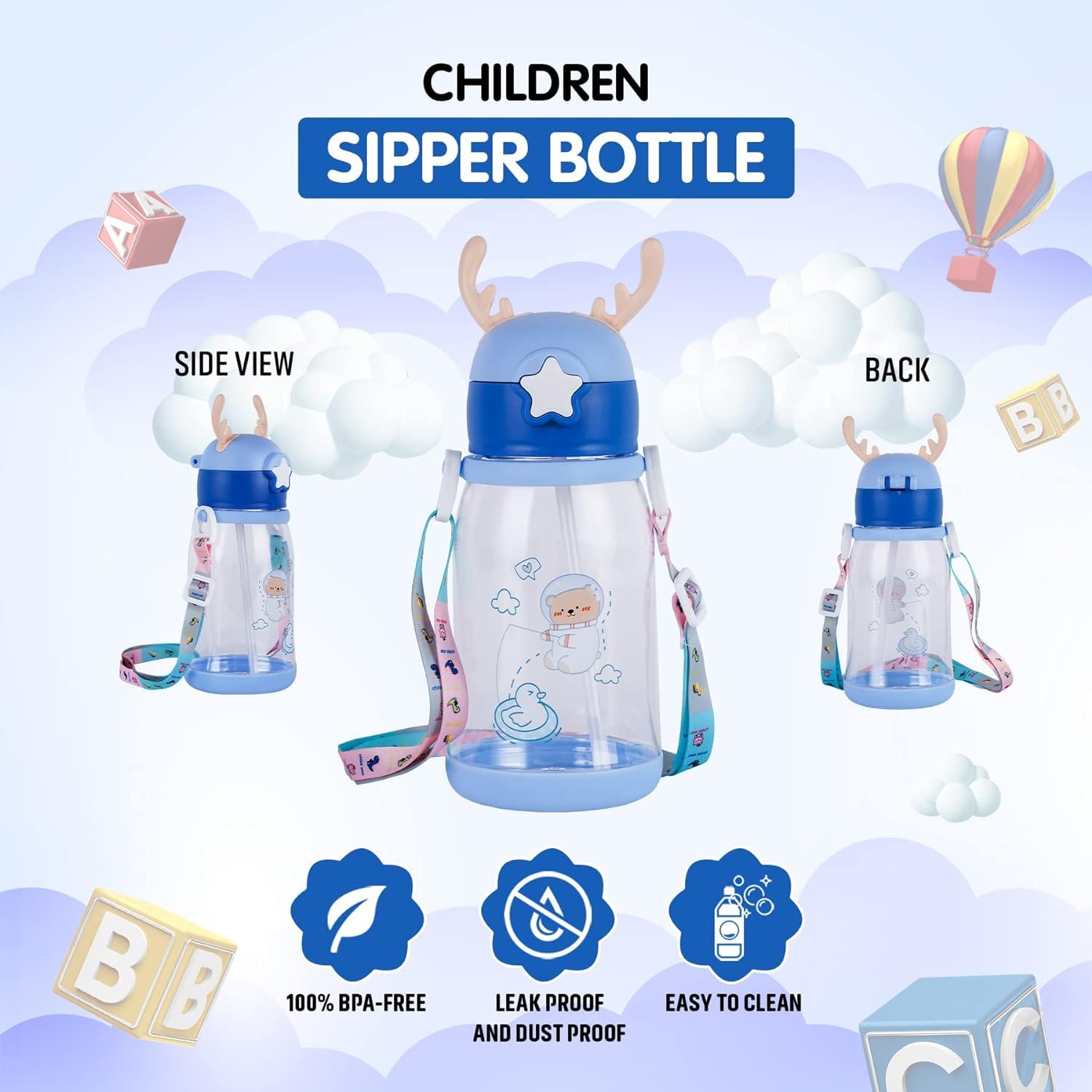 Multi-Cartoon Design Water Bottle with Straw & Strap | BPA-Free, Non-Toxic, Anti-Leak Bottle for Kids | Perfect for School & Home