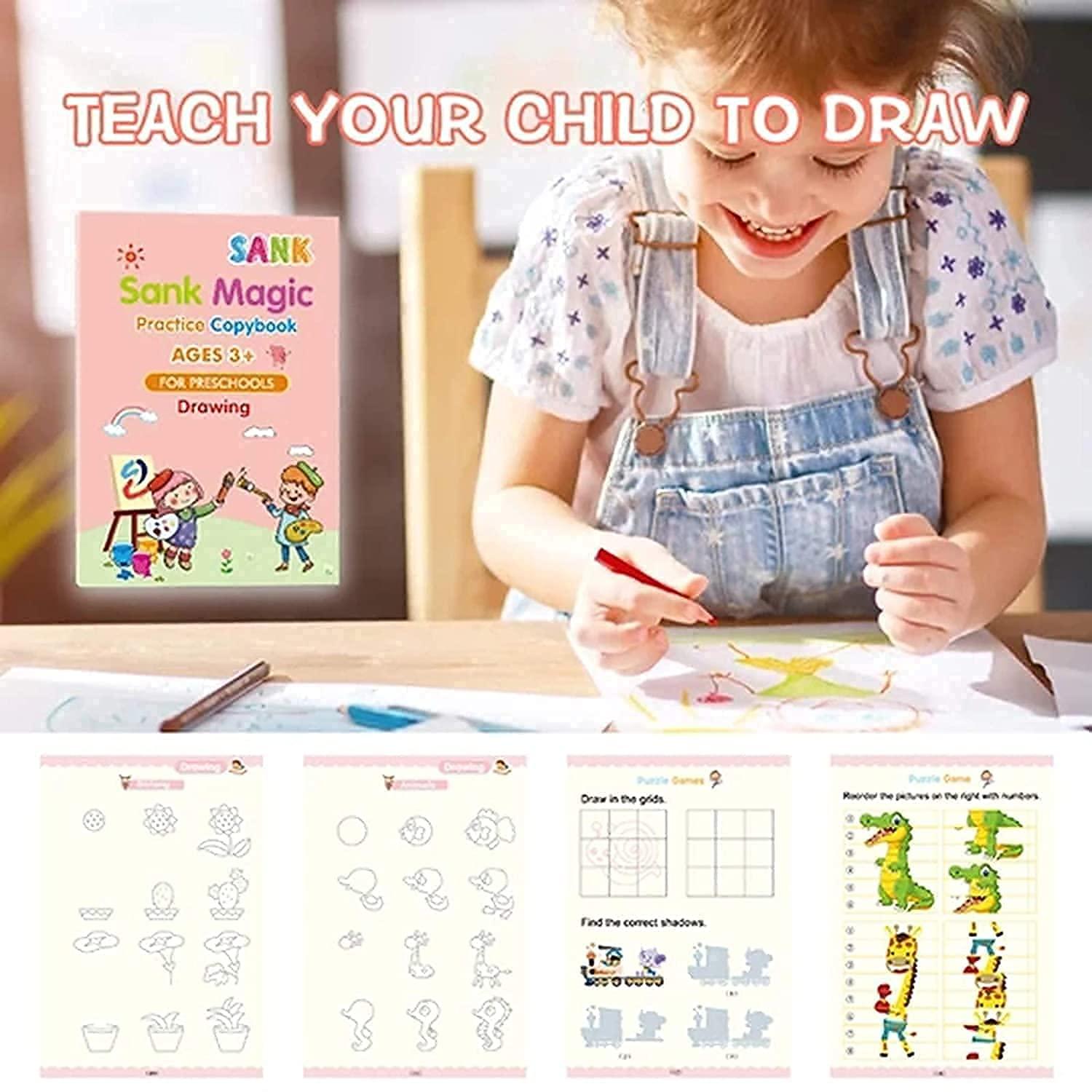 Sank Magic Practice Copybook (4 BOOKS+10 REFILL+1Pen+1Grip) Number Tracing Book for Preschoolers with Pen, Magic Calligraphy Copybook Set Practical Reusable Writing Tool Simple Hand Lettering