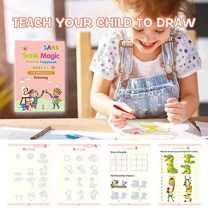 Sank Magic Practice Copybook (4 BOOKS+10 REFILL+1Pen+1Grip) Number Tracing Book for Preschoolers with Pen, Magic Calligraphy Copybook Set Practical Reusable Writing Tool Simple Hand Lettering