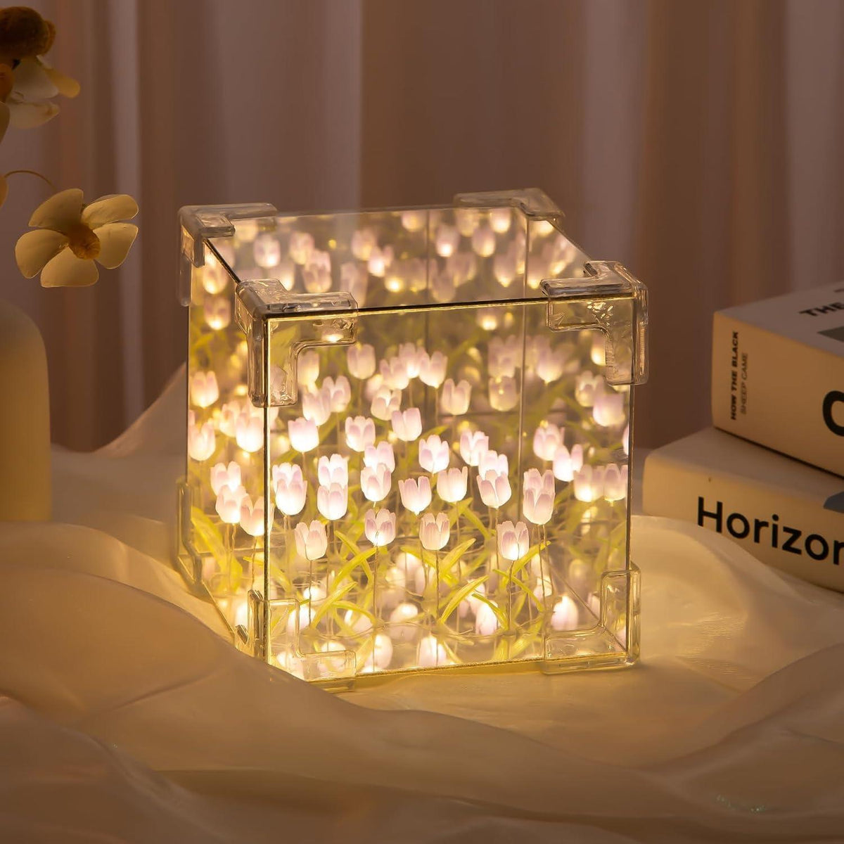 GARDINO Infinity Mirror Tulip Cube LED Lamp - 20 LED Flower Lights, Dual-Purpose Tabletop & Mirror Decor