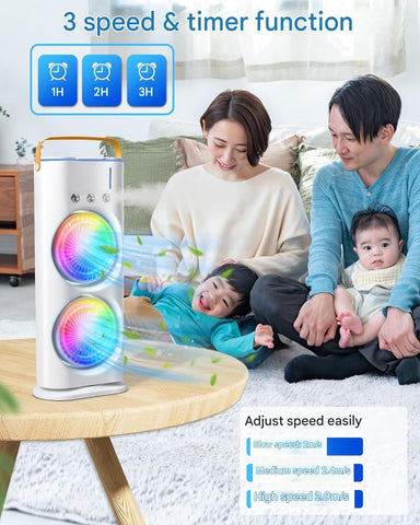 Double-Ended Spray cooler – USB Rechargeable, 3-Speed Oscillating Fan with Remote, LED Light & Ice Cooling 4000mAh