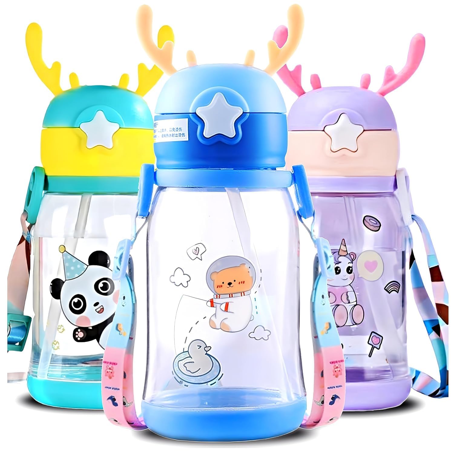 Multi-Cartoon Design Water Bottle with Straw & Strap | BPA-Free, Non-Toxic, Anti-Leak Bottle for Kids | Perfect for School & Home