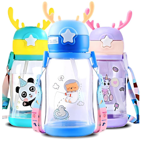 Multi-Cartoon Design Water Bottle with Straw & Strap | BPA-Free, Non-Toxic, Anti-Leak Bottle for Kids | Perfect for School & Home